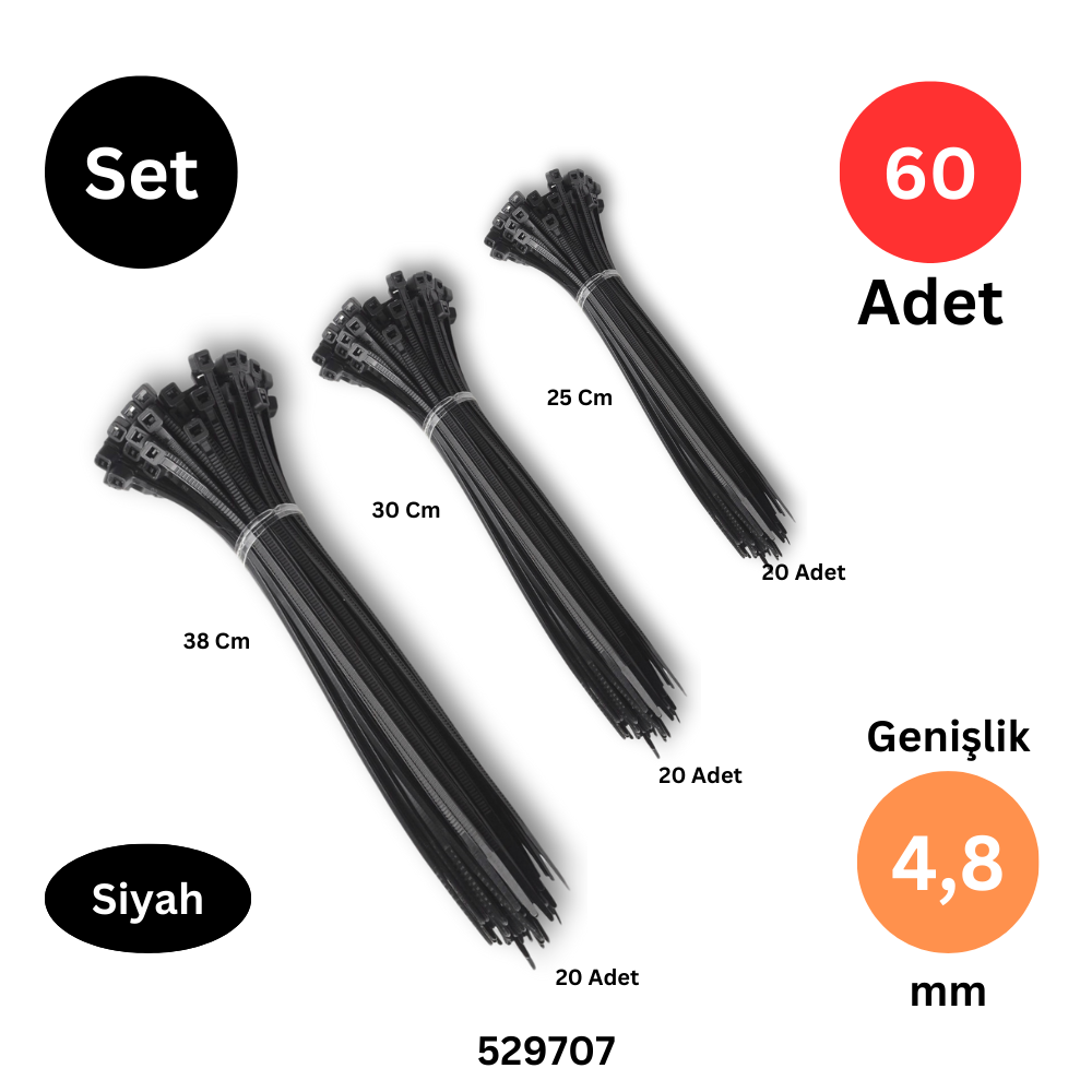 Tek-İş Kablo Bağı Seti – 250/300/380 mm x 4.8 mm, Siyah | 60'lı Cırt Kelepçe Seti (20'şer Adet) | Dayanıklı Plastik Klips