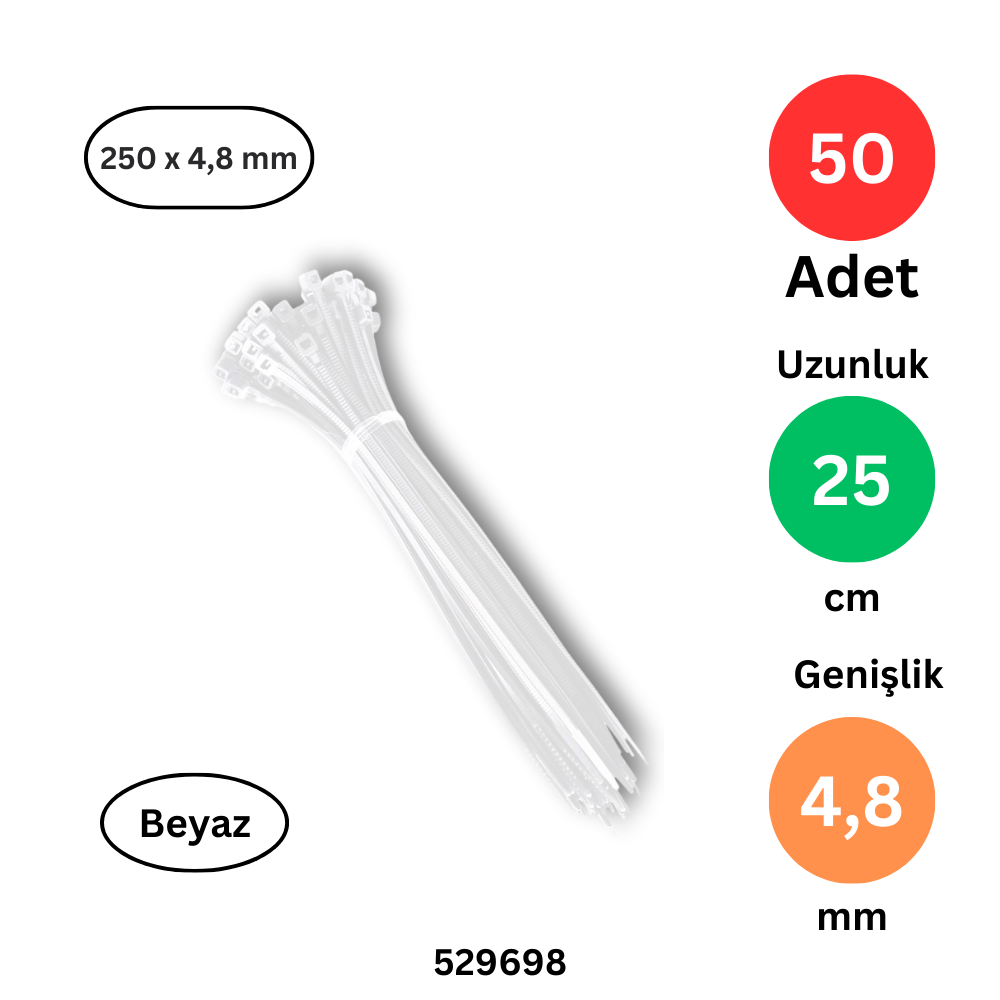 Tek-İş Plastik Kablo Bağı | 250mm x 4.8mm | Beyaz | 50 Adet | Güçlü Cırt Kelepçe | Kablo Düzenleme ve Sabitleme