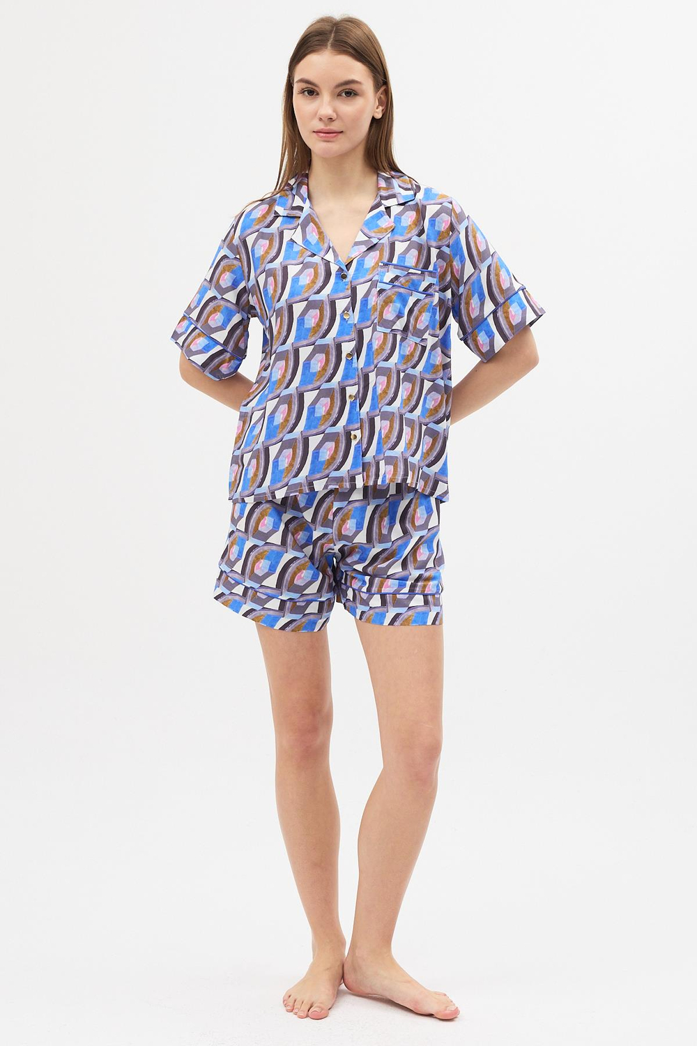 Liberty Mor Liberty Desenli Viskon Gömlek Şort Pijama Takımı