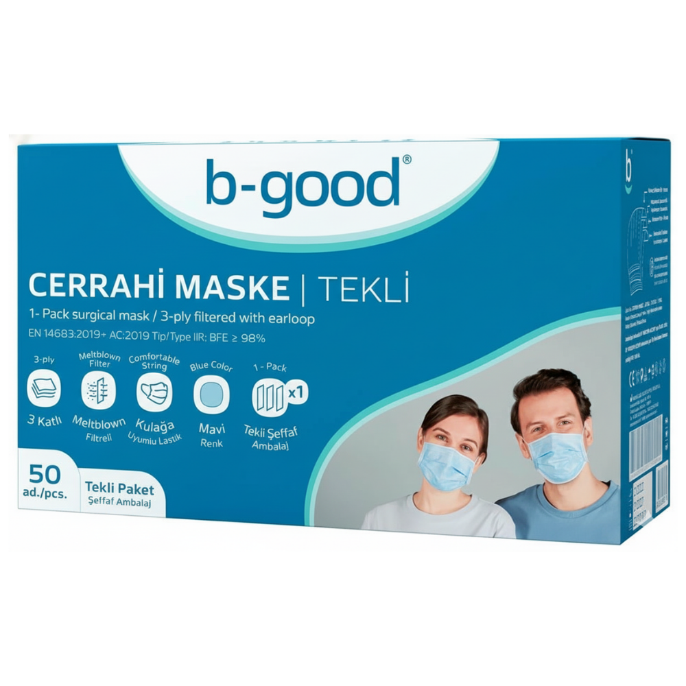 B-Good 3 Katlı Tekli Paketlenmiş Cerrahi Maske Telli 50'li Fiyatları - Modern Eczane