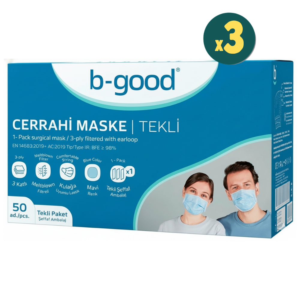 B-Good 3 Katlı Tekli Paketlenmiş Cerrahi Maske Telli 50'li 3 Adet Fiyatları - Modern Eczane