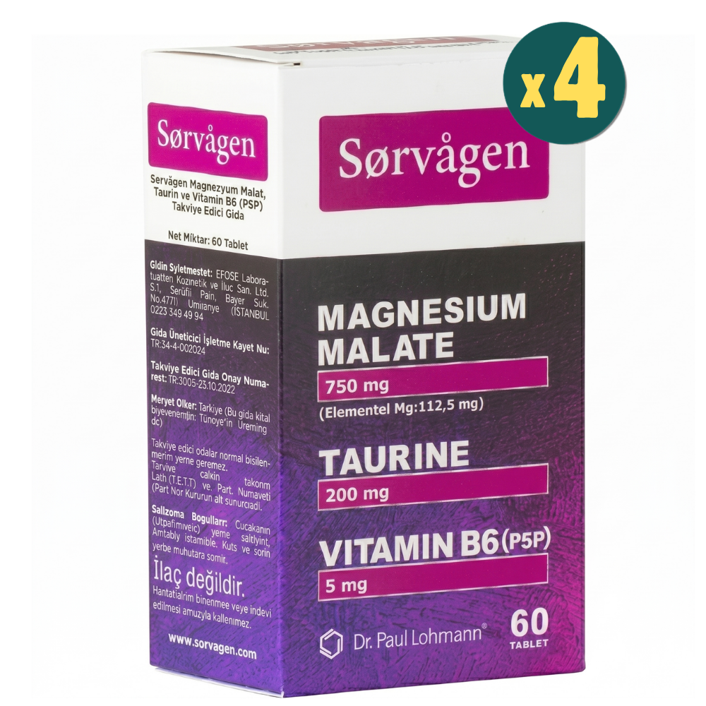 Sorvagen Magnezyum Malat Taurin ve Vitamin B6 P5P 60 Tablet 4 Adet Fiyatları - Modern Eczane