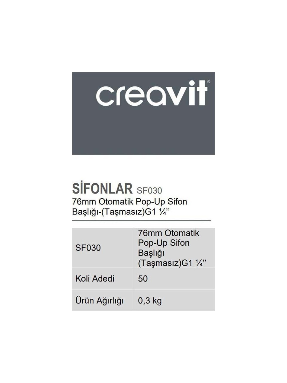 Creavit Basmalı Sifon Üst Takım Krom ( Taşmasız Pop-Up)