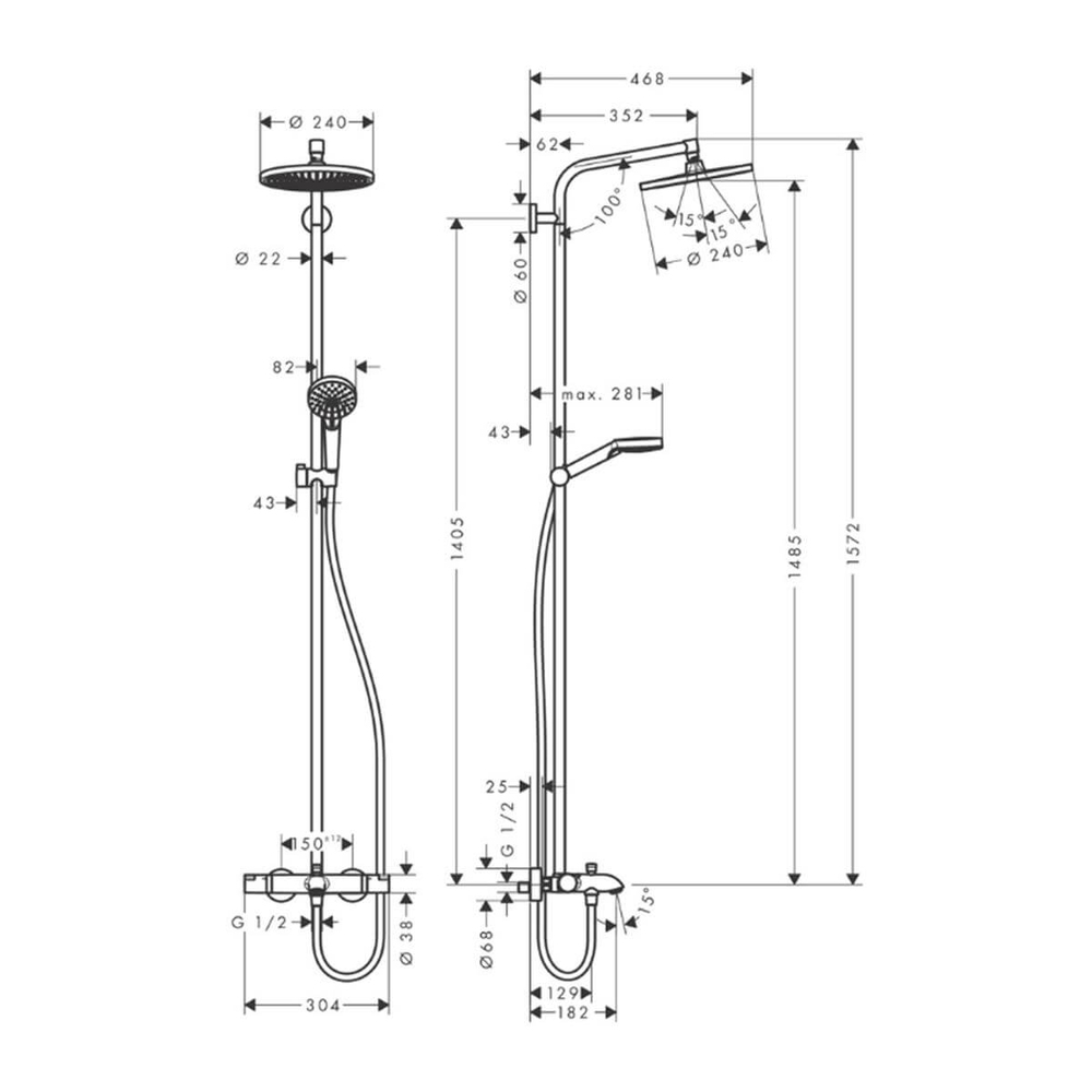 Hansgrohe Crometta S Duş Kolonu 240 1 jet, Banyo termostatı İle Krom