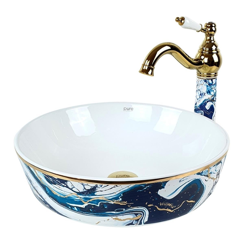 Pure Concept Ebru Mavi Altın Çanak Lavabo