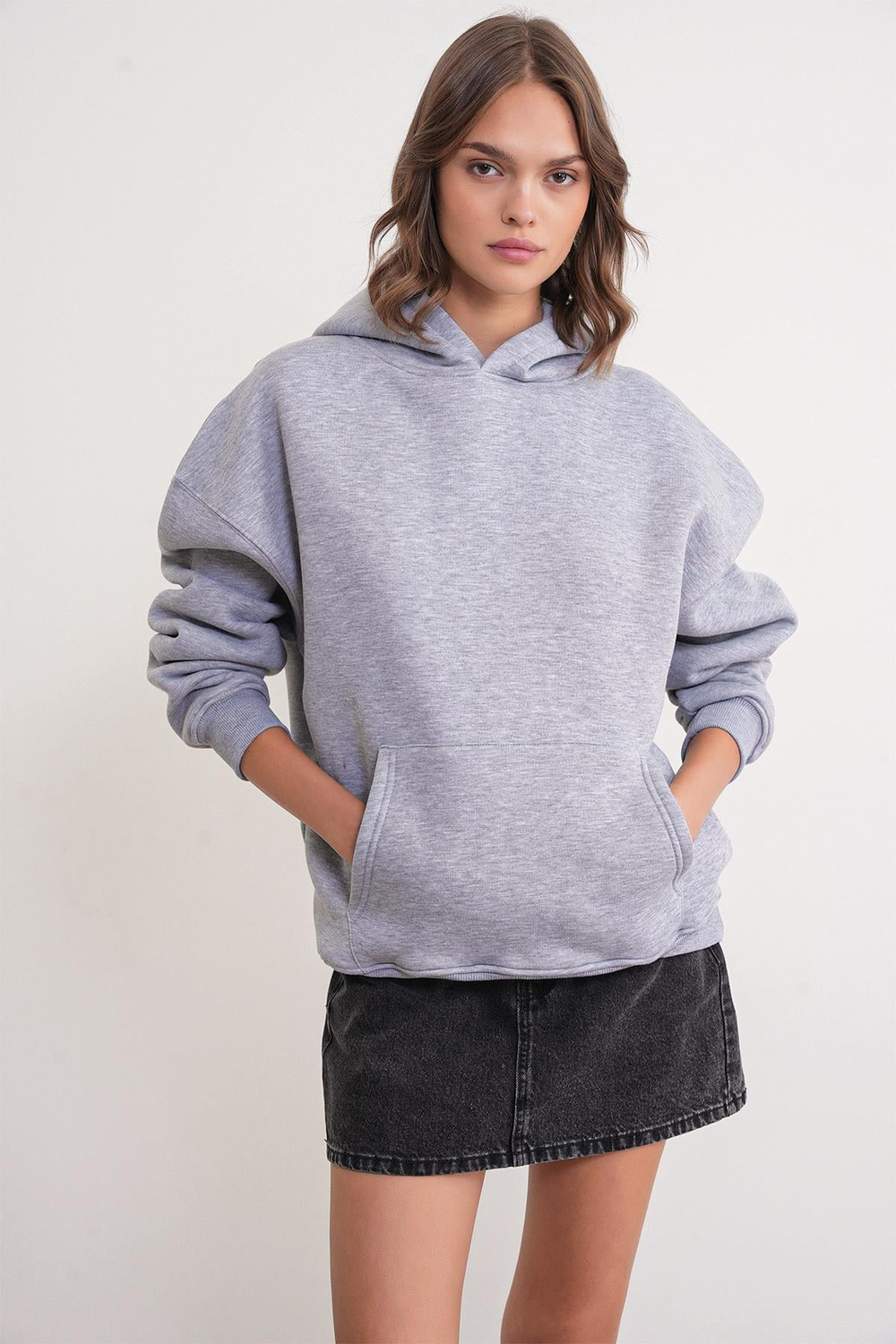 2022 Unisex 3İplik Basic Polarlı Kapüşonlu Sweatshirt Hoodie Gri