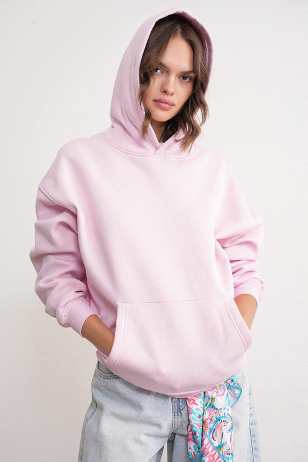 2022 Unisex 3İplik Basic Polarlı Kapüşonlu Sweatshirt Hoodie Pembe
