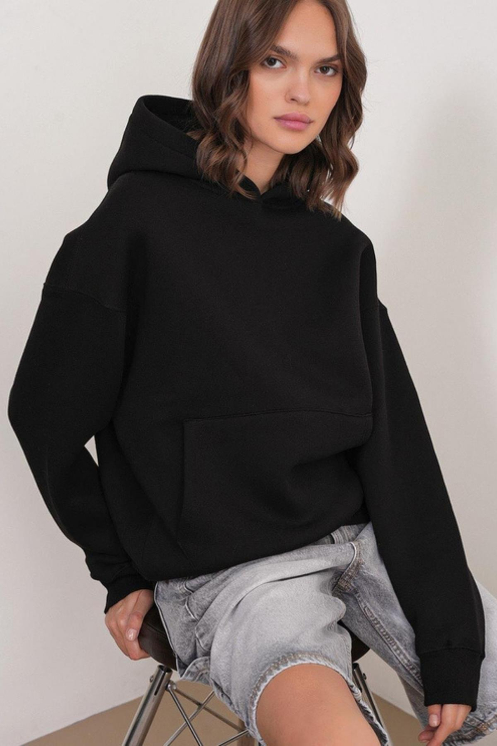2022 Unisex 3İplik Basic Polarlı Kapüşonlu Sweatshirt Hoodie Siyah