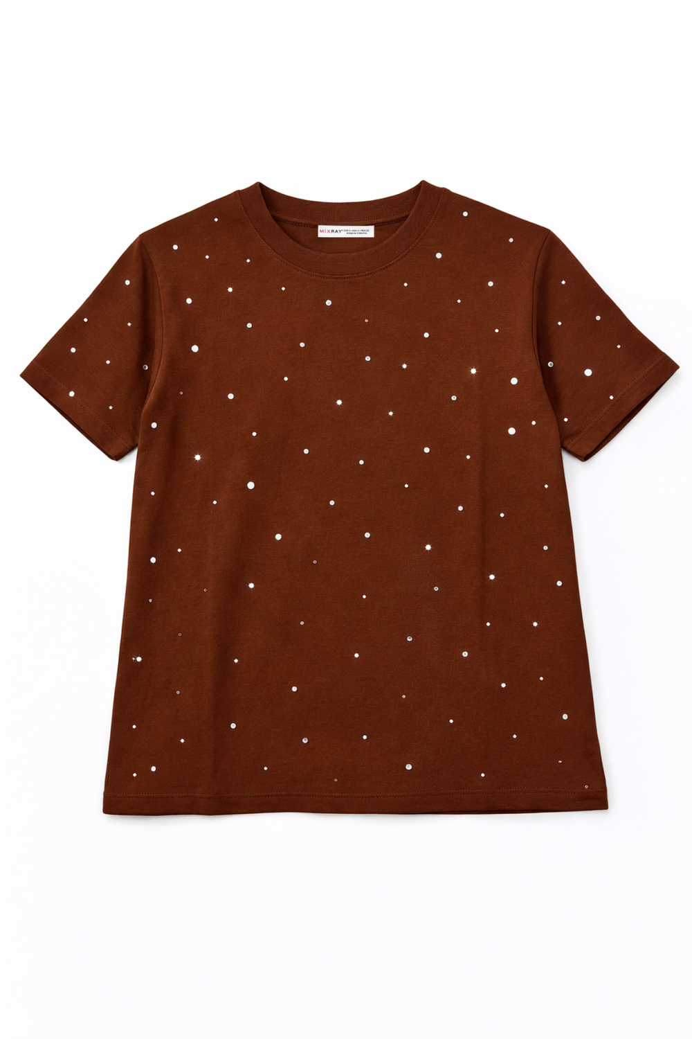2057 Kadın %100 Pamuk Bisiklet Yaka Taş Detaylı T-shirt Taba