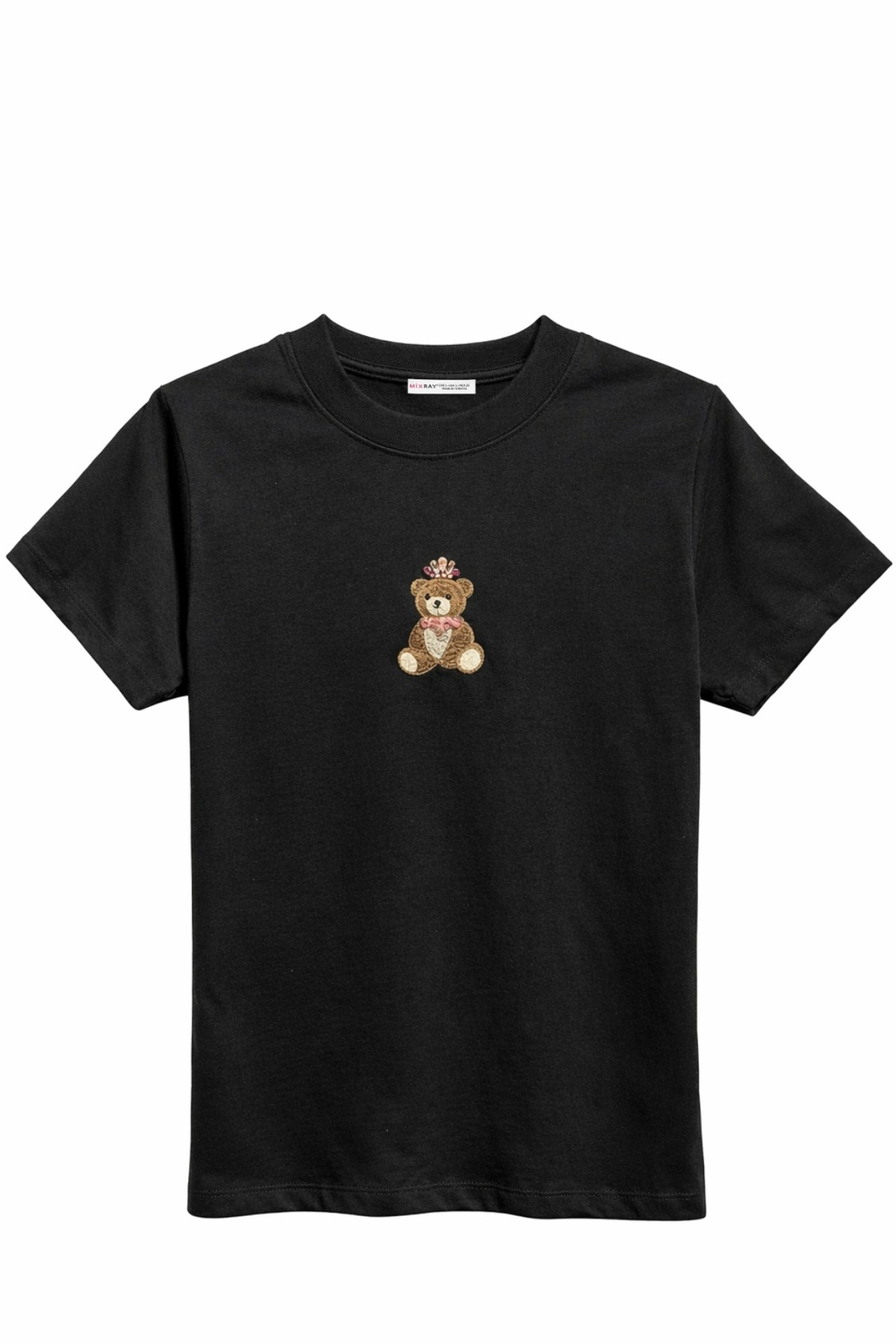 2078 Kadın %100 Pamuk Ayıcık Nakışlı Bisiklet Yaka T-Shirt Siyah