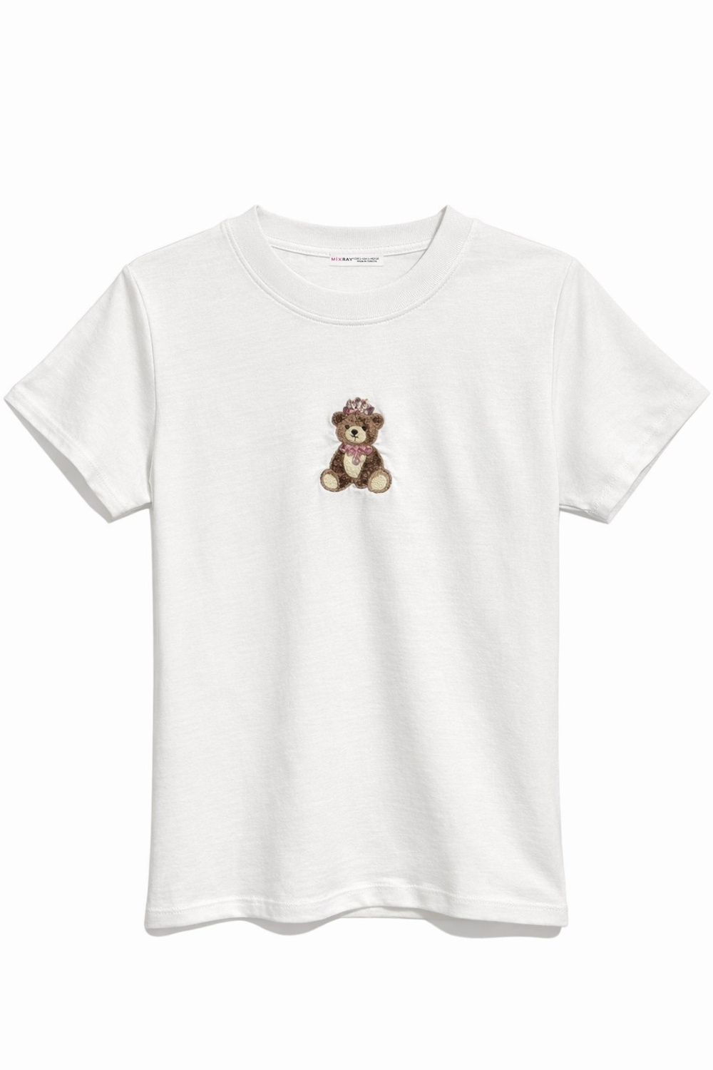 2078 Kadın %100 Pamuk Ayıcık Nakışlı Bisiklet Yaka T-Shirt Gri