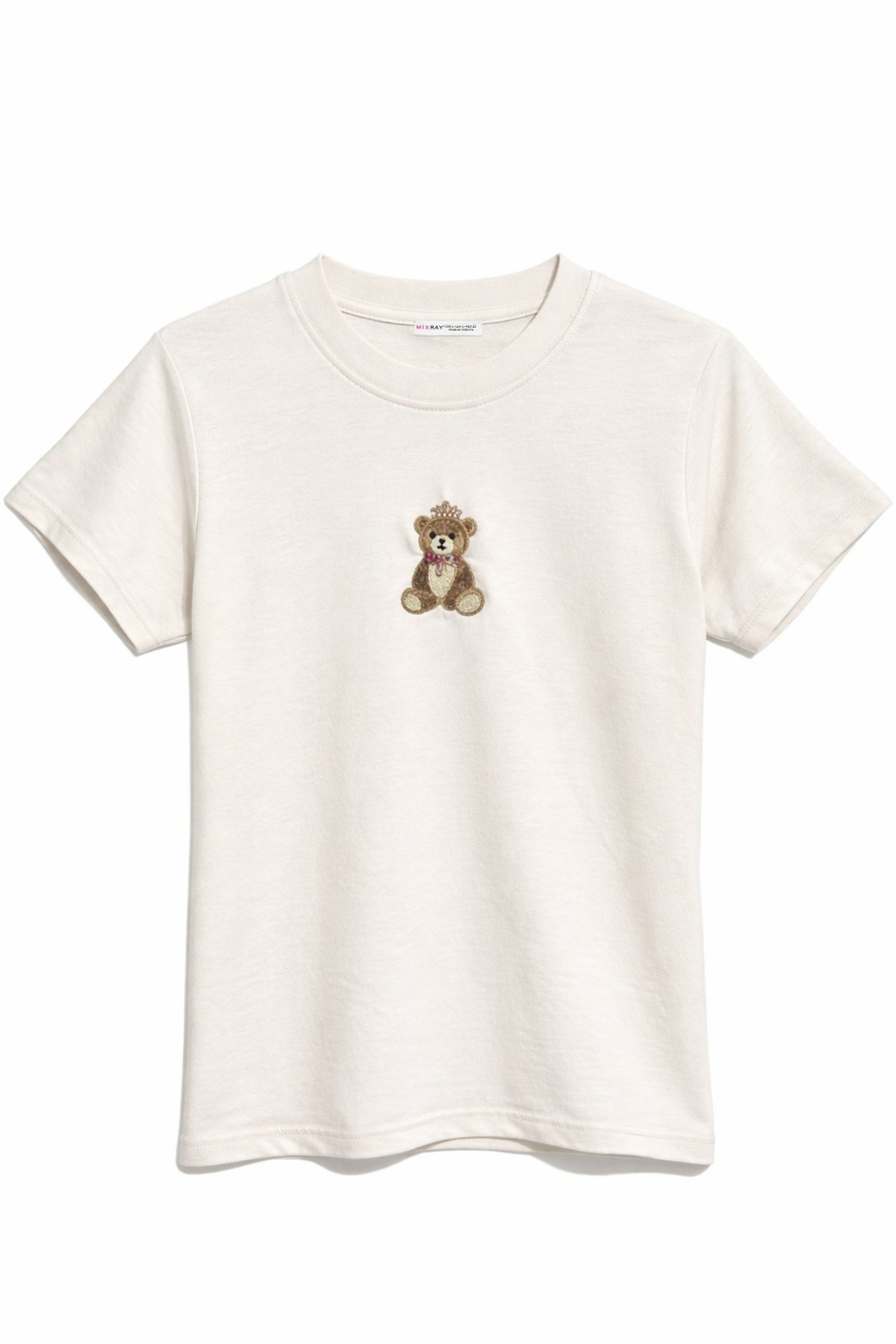 2078 Kadın %100 Pamuk Ayıcık Nakışlı Bisiklet Yaka T-Shirt Bej