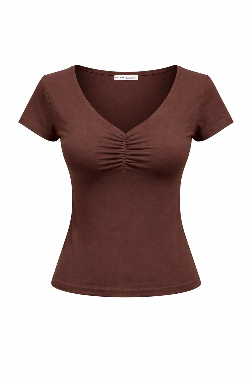 2080 Kadın V Yaka Büzgü Detaylı Kısa Kollu Basic T-Shirt Kahve