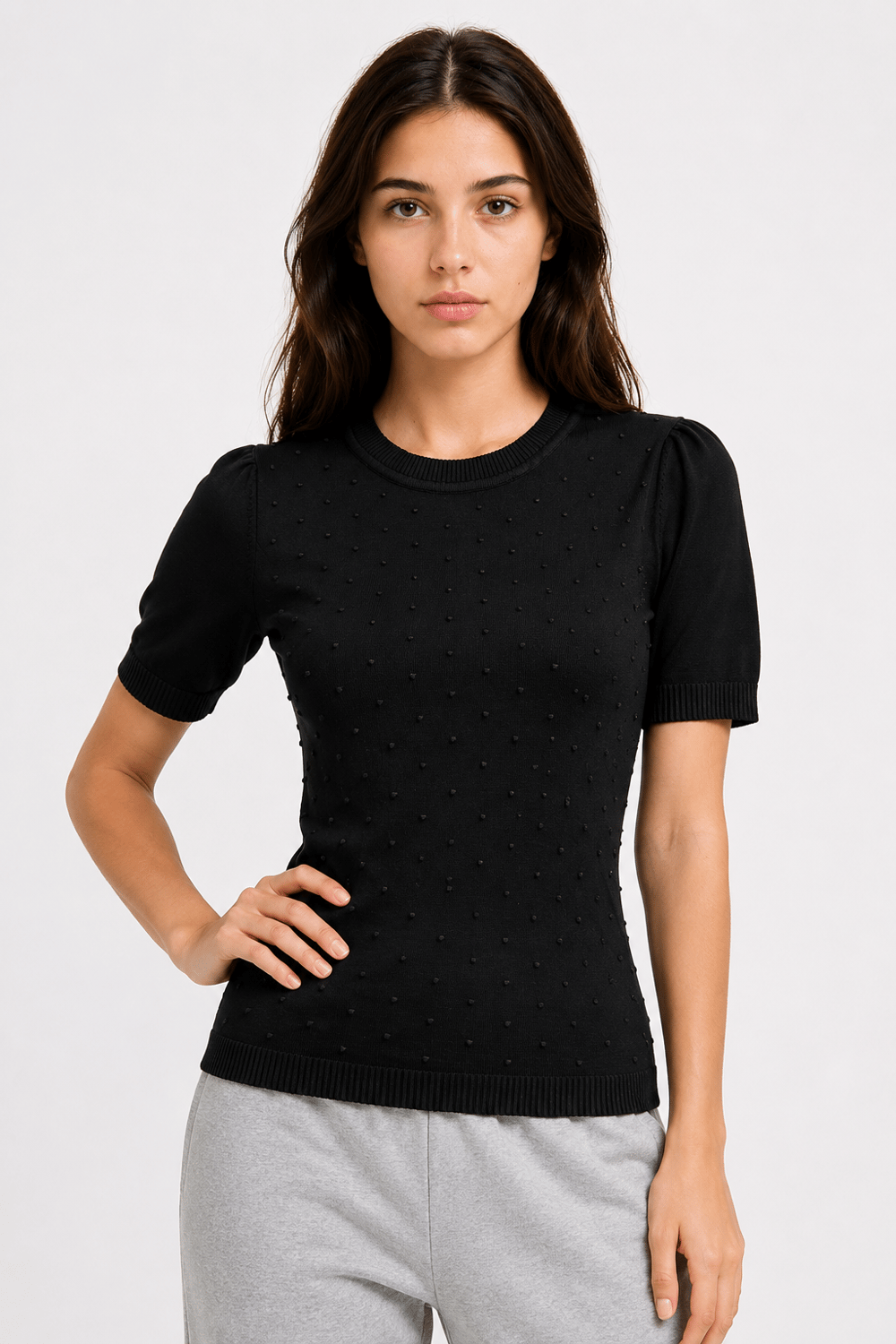 2087 Kadın Kabartma Detaylı Kısa Kollu Triko T-Shirt Siyah