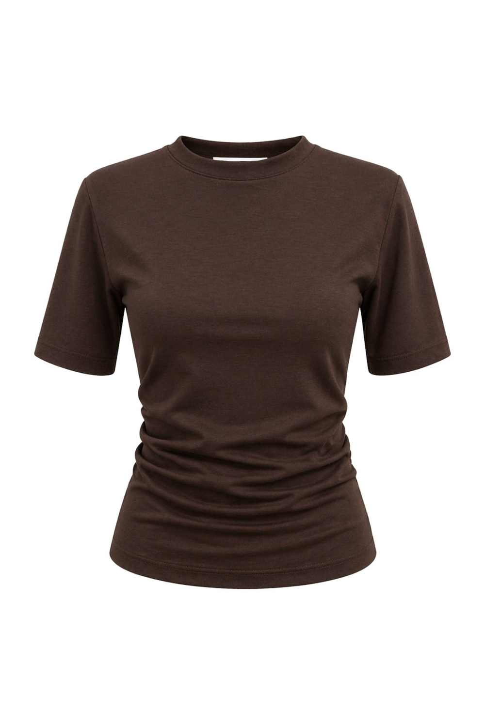 2095 Kadın Büzgü Detaylı Arkası Yırtmaçlı Basic T-Shirt Kahve