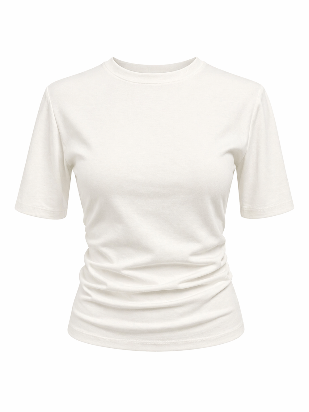 2095 Kadın Büzgü Detaylı Arkası Yırtmaçlı Basic T-Shirt Beyaz