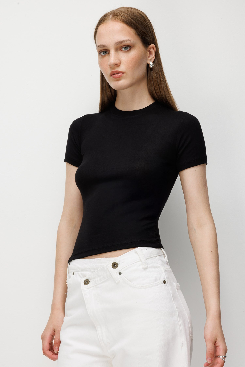 2100 Kadın Slim Fit Bisiklet Yaka Soft Basic T-Shirt Siyah