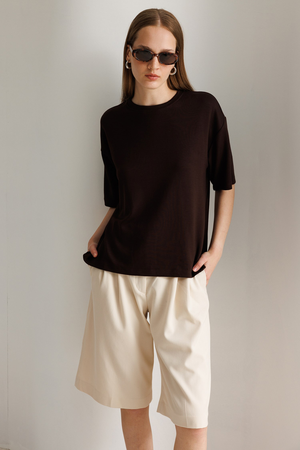 2101 Kadın Bisiklet Yaka Soft Oversize Basic Modal T-Shirt Kahve