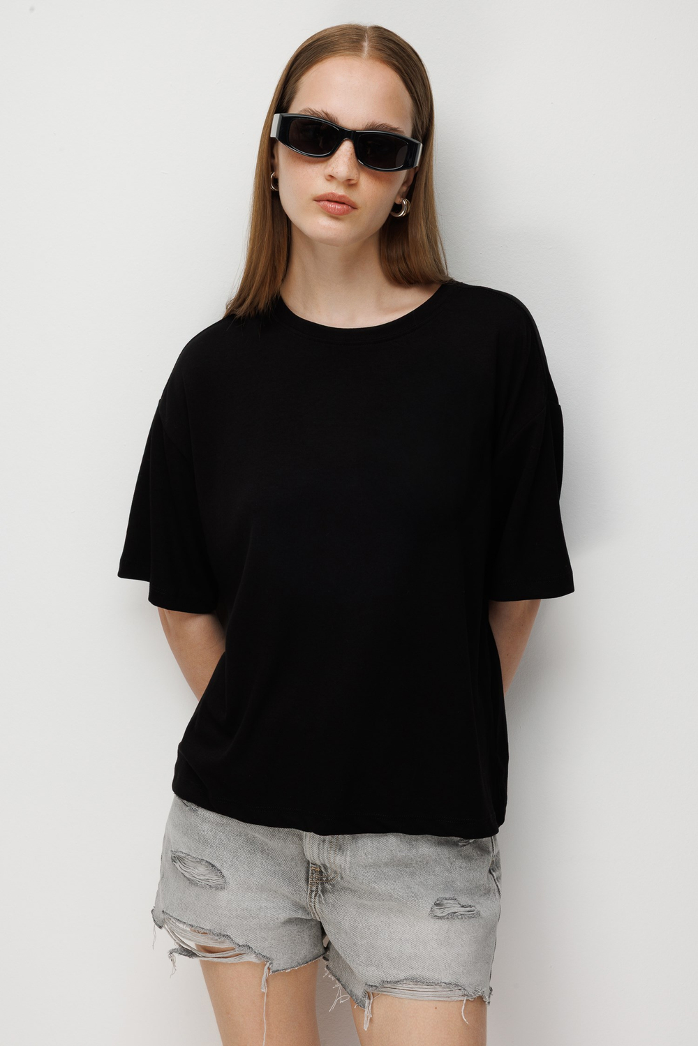 2101 Kadın Bisiklet Yaka Soft Oversize Basic Modal T-Shirt Siyah