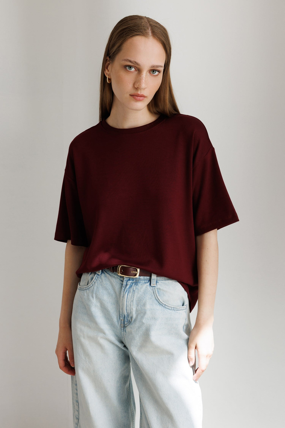 2101 Kadın Bisiklet Yaka Soft Oversize Basic Modal T-Shirt Bordo