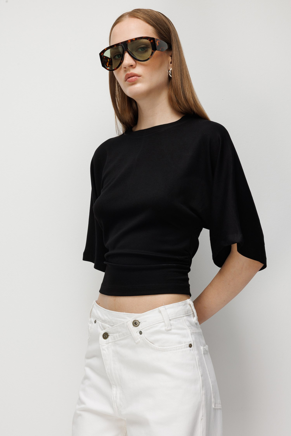 2102 Kadın Modal Büzgü Detaylı Dökümlü Soft T-Shirt Siyah