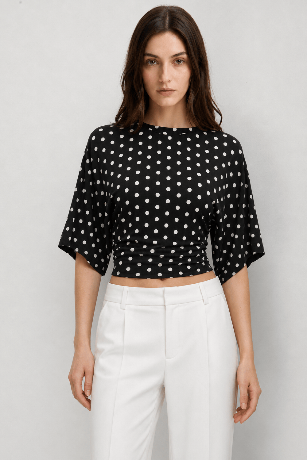 2102 Kadın Modal Büzgü Detaylı Dökümlü Soft T-Shirt Puantiyeli Siyah