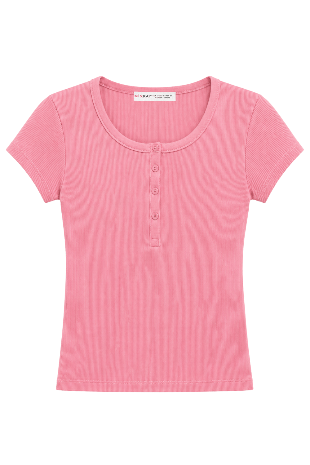 2121 Kadın %100 Pamuk Kaşkorse Düğme Detaylı T-Shirt Pembe