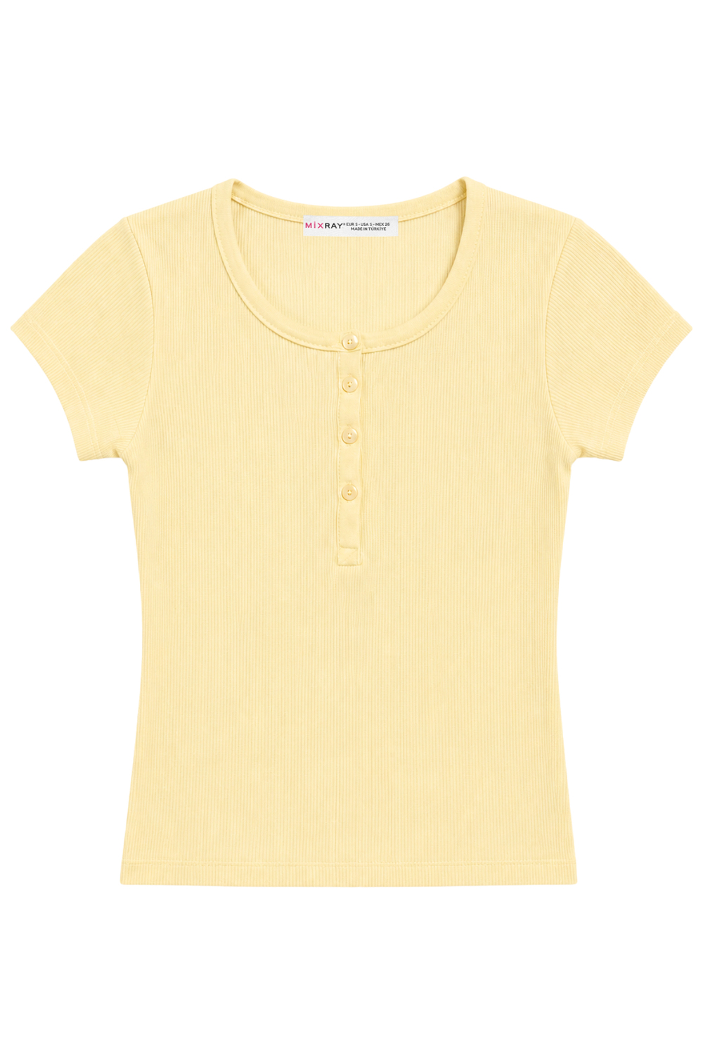 2121 Kadın %100 Pamuk Kaşkorse Düğme Detaylı T-Shirt Sarı