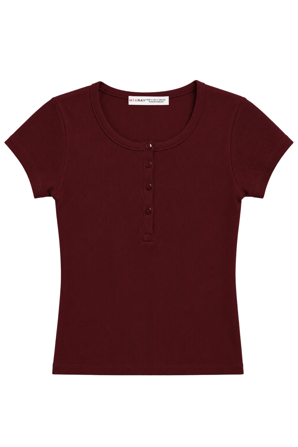 2121 Kadın %100 Pamuk Kaşkorse Düğme Detaylı T-Shirt Bordo