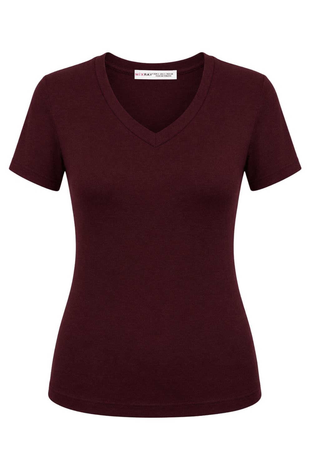 2122 Kadın V Yaka Basic Kısa Kollu T-Shirt Bordo