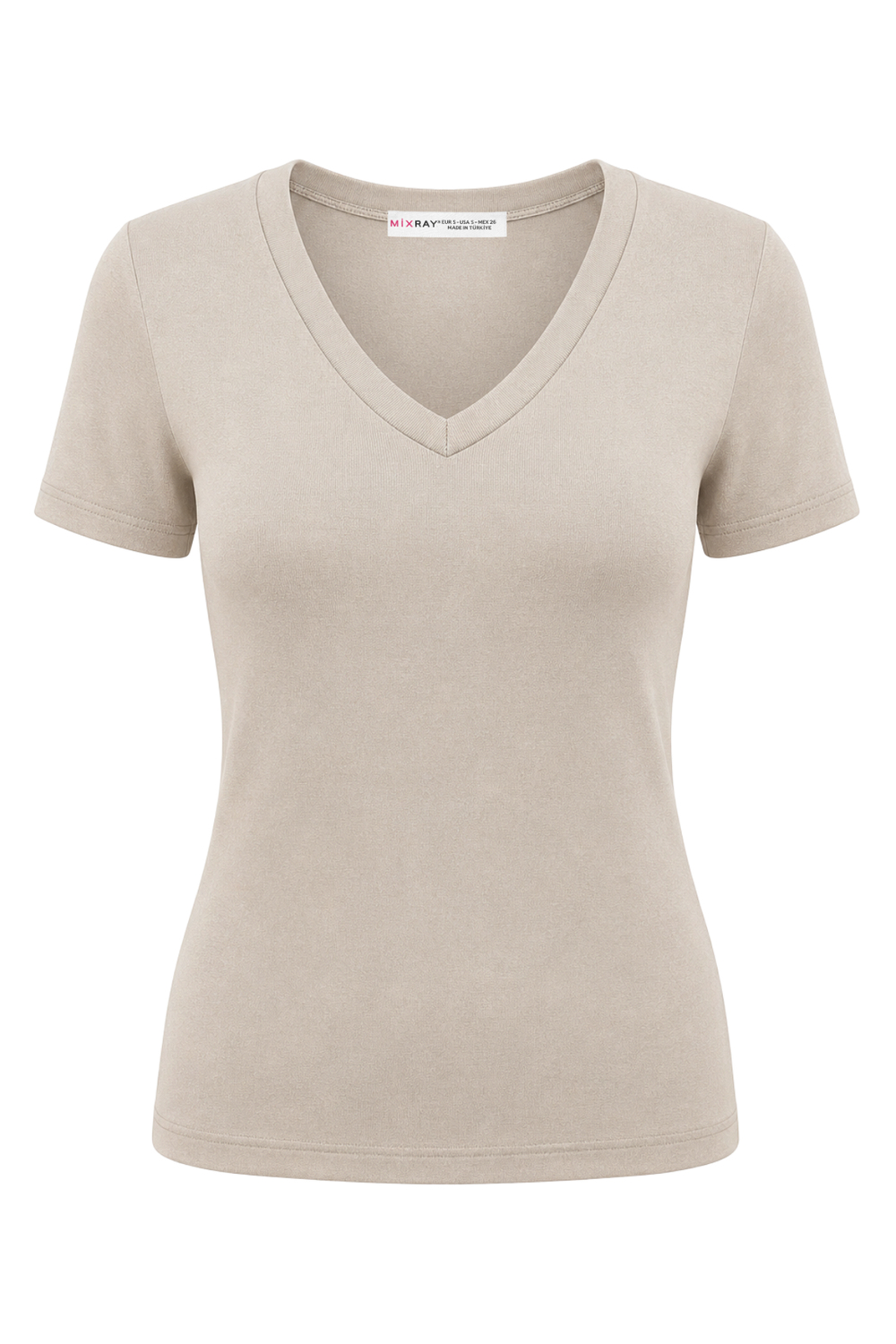 2122 Kadın V Yaka Basic Kısa Kollu T-Shirt Taş