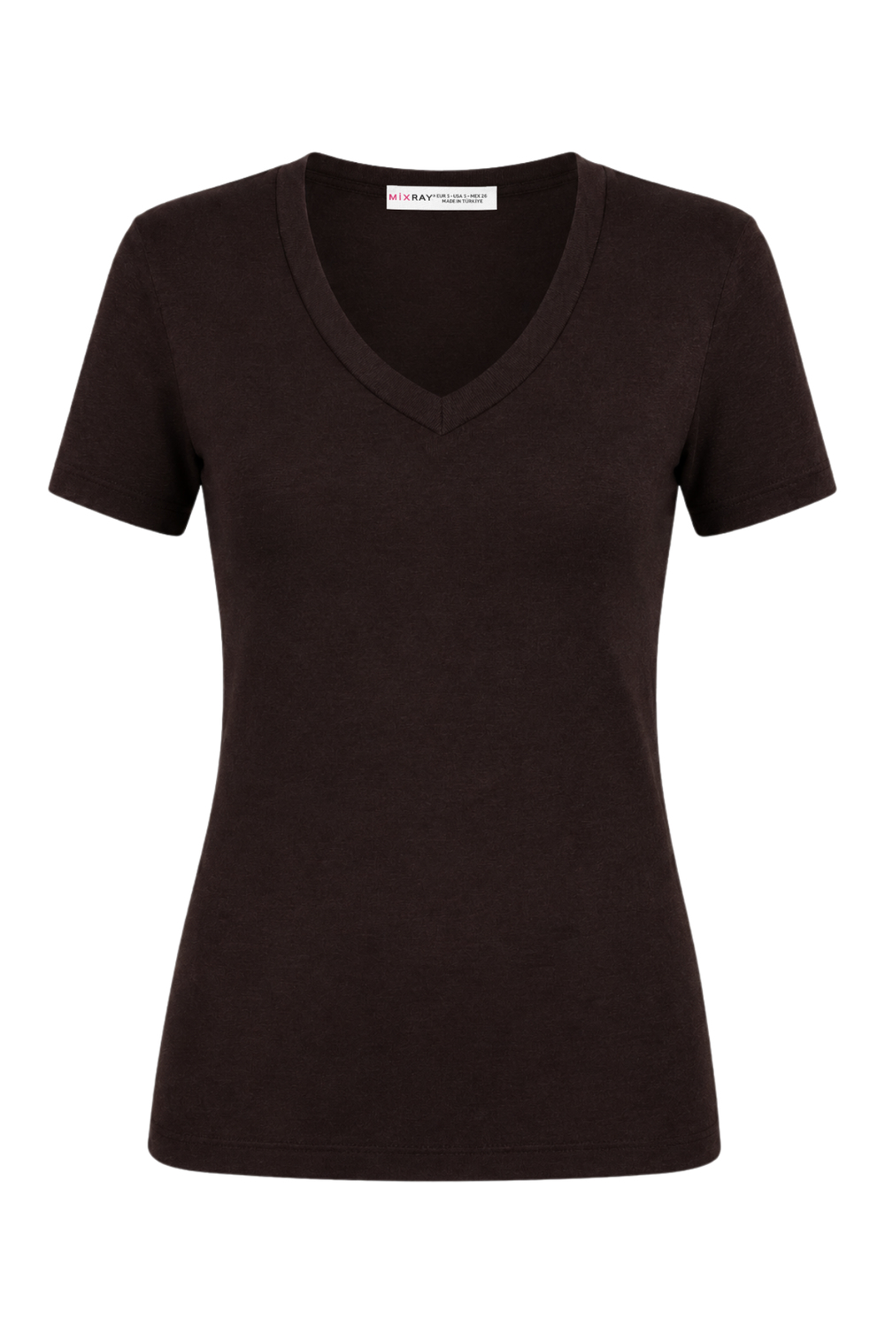 2122 Kadın V Yaka Basic Kısa Kollu T-Shirt Kahve