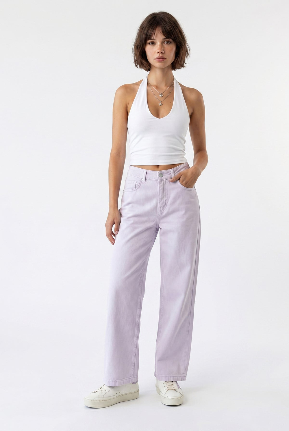 2128 Kadın İnce Mevsimlik Yüksek Bel Wide Leg Denim Pantolon Lila