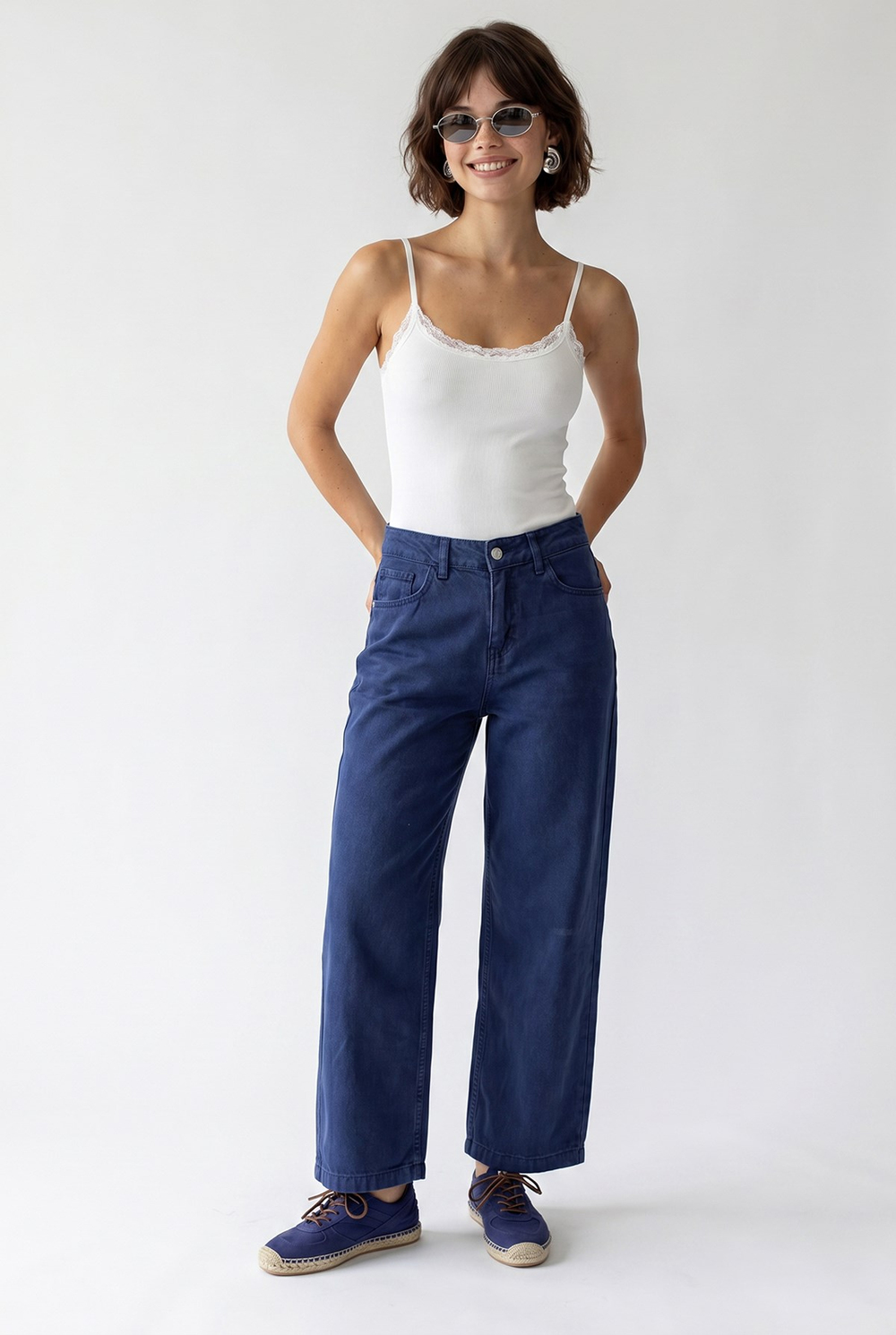 2128 Kadın İnce Mevsimlik Yüksek Bel Wide Leg Denim Pantolon Lacivert