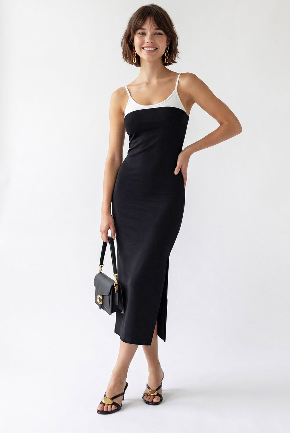 2132 Kadın Bodycon Vücudu Saran Askılı Yırtmaçlı Maxi Elbise Siyah