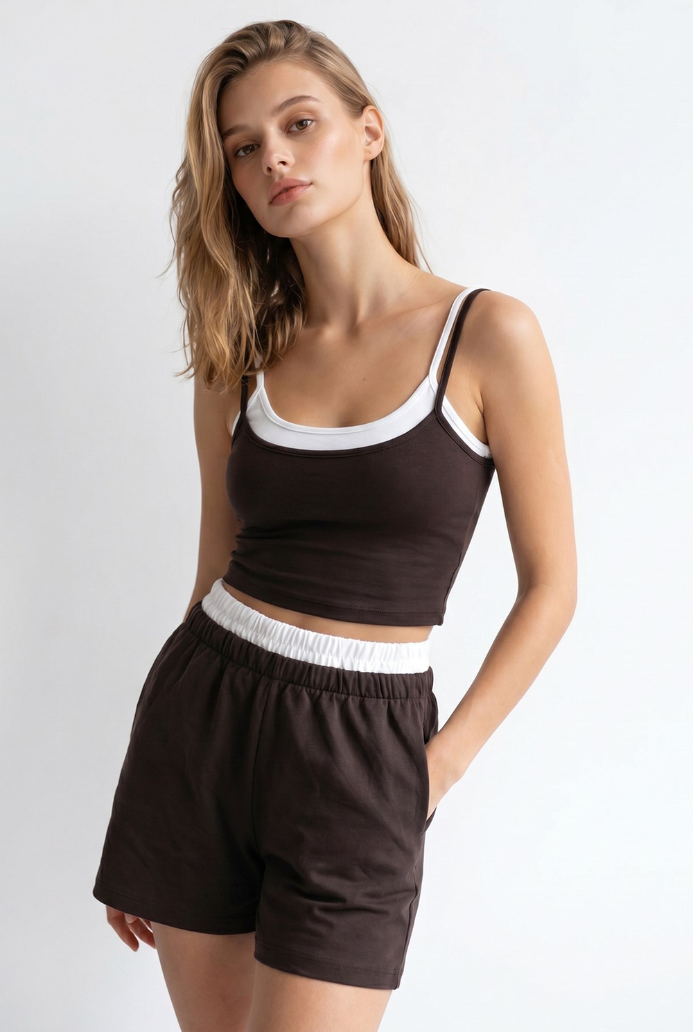 2151 Kadın Biye Detaylı Askılı Crop Top Şort Takım Kahve