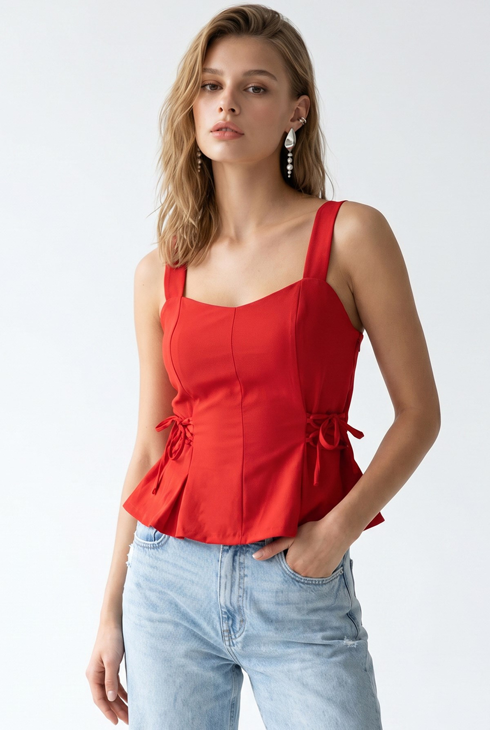 2153 Kadın Çapraz Bağcıklı Askılı Peplum Bluz Kırmızı
