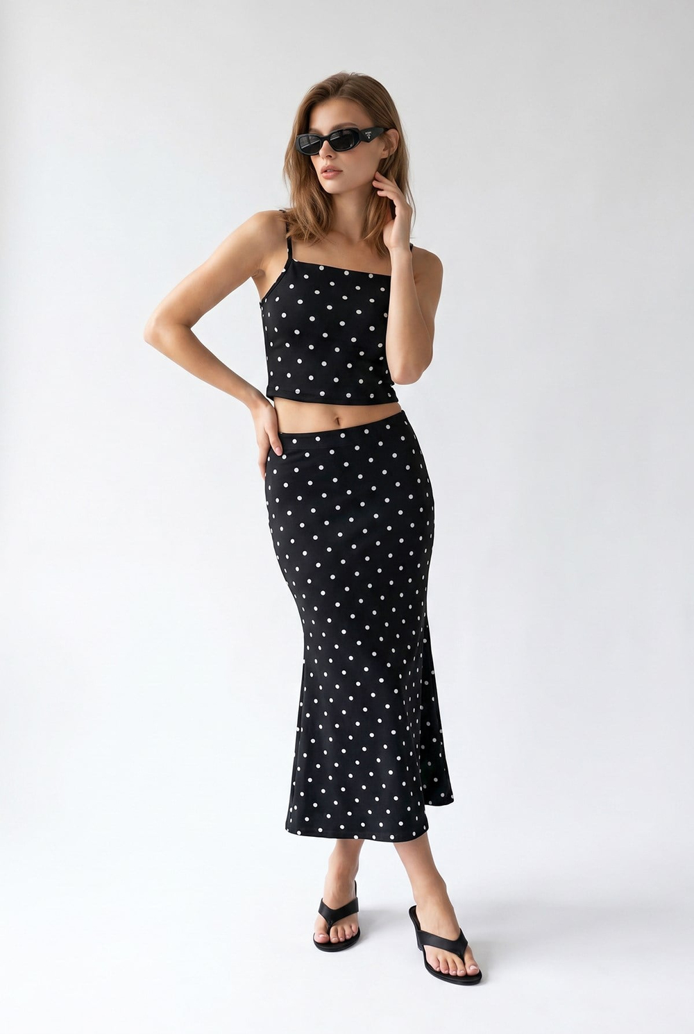2169 Kadın Modal Puantiye Desenli Crop Etek Takım Siyah