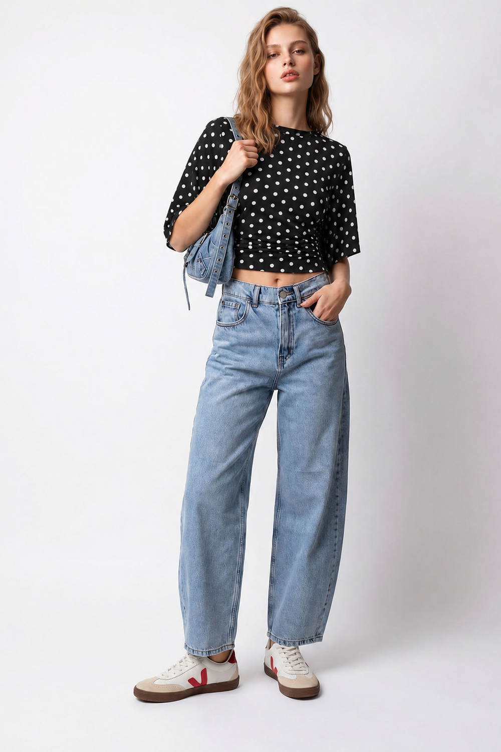 2172 Kadın Yüksek Bel Geniş Paça Barrel Denim Pantolon Mavi