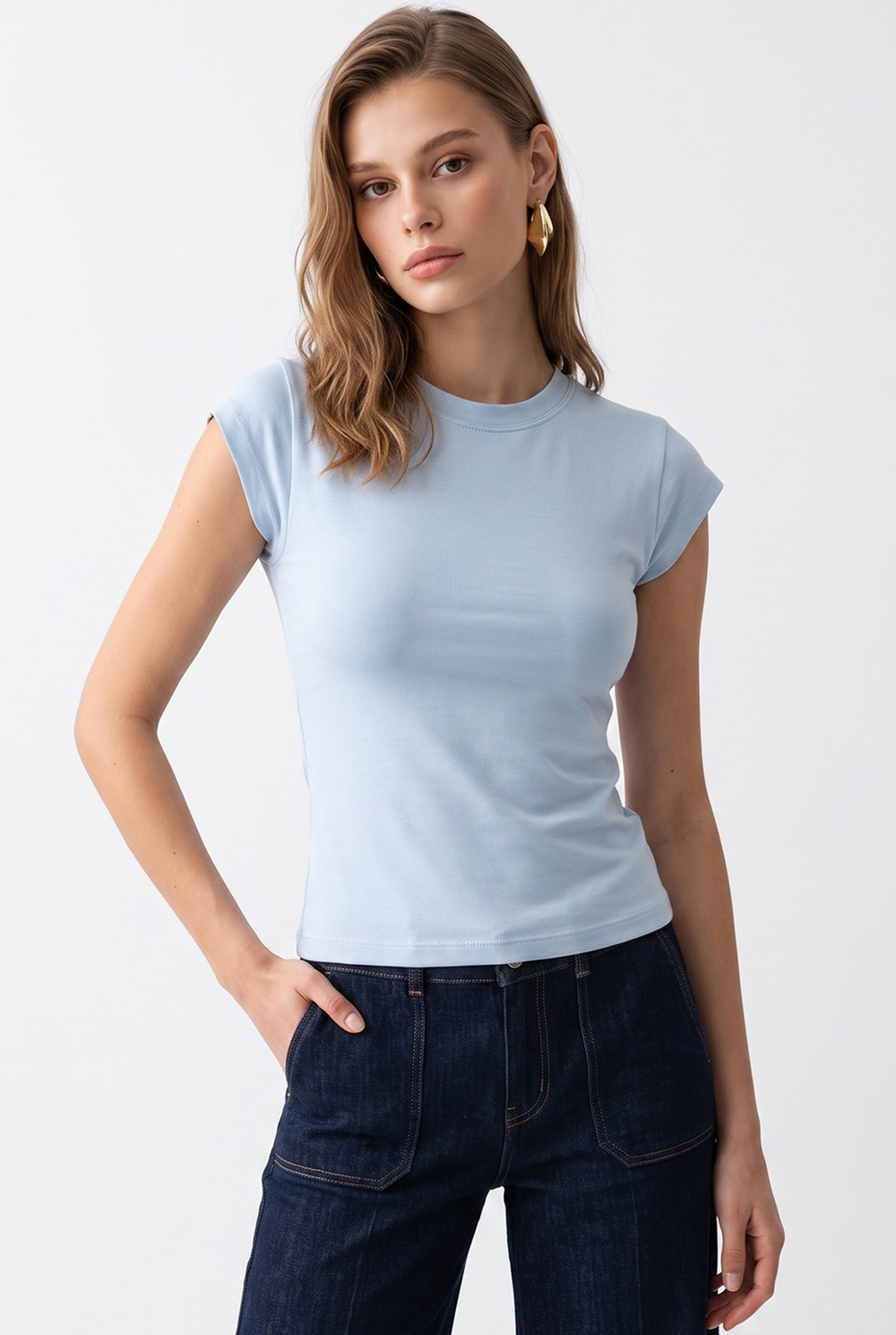 2192 Kadın Bisiklet Yaka Kap Kollu Basic Bluz Bebe Mavi