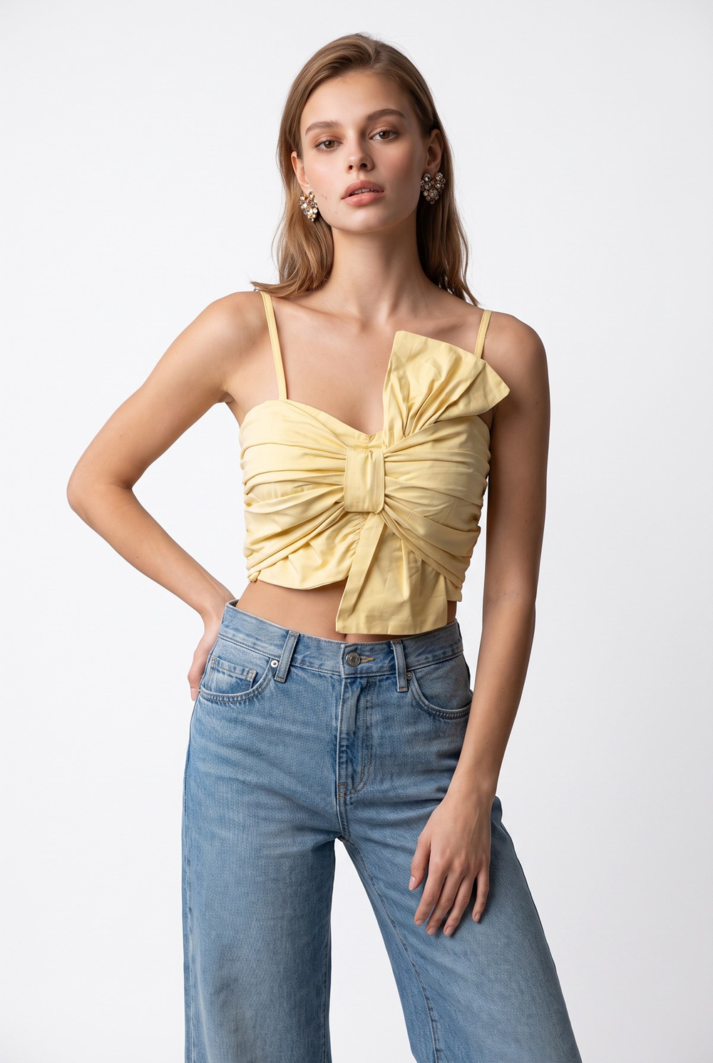 2197 Kadın Kurdele Detaylı Drapeli Askılı Crop Bluz Sarı
