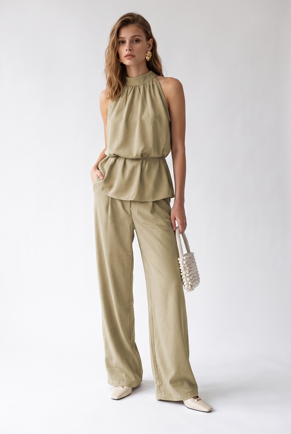 2203 Kadın Halter Yaka Bluz Palazzo Pantolon Takım Olive