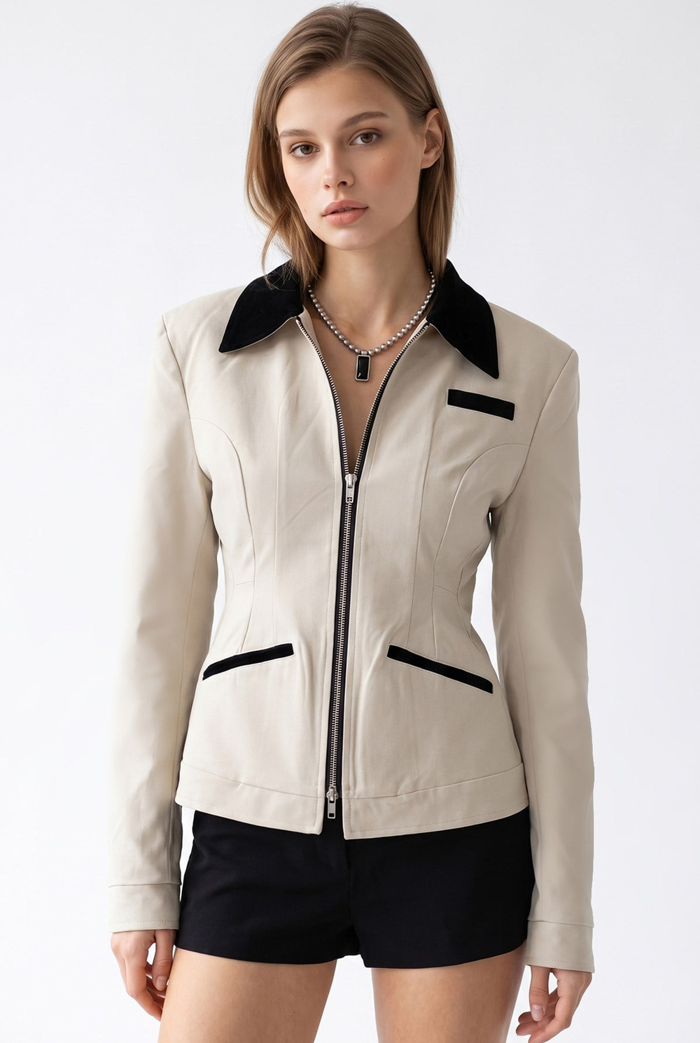 2226 Kadın Astarlı Fileto Cepli Çift Fermuar Slim Fit Ceket Taş