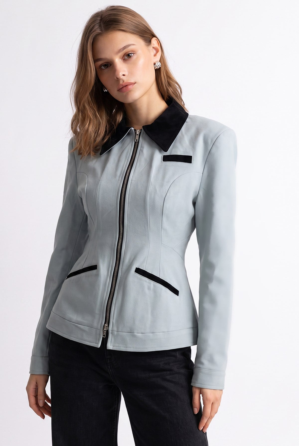 2226 Kadın Astarlı Fileto Cepli Çift Fermuar Slim Fit Ceket Buz Mavisi