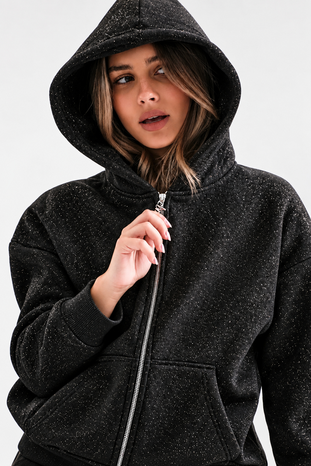 2253 Işıltılı Kapüşonlu 3 İplik Sweatshirt Siyah