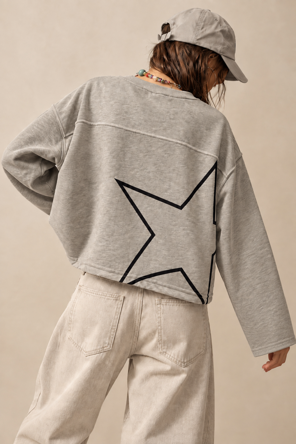 2263 Kadın 76 Kolej Baskılı Yıldız Detay Oversize Sweatshirt Gri