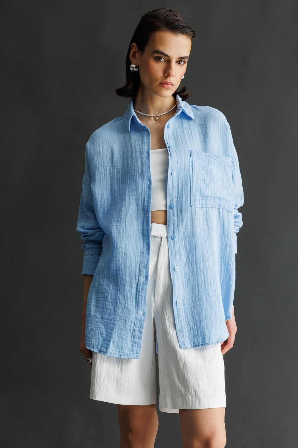 3833 Kadın Oversize Cepli Müslin Gömlek Bebe Mavi