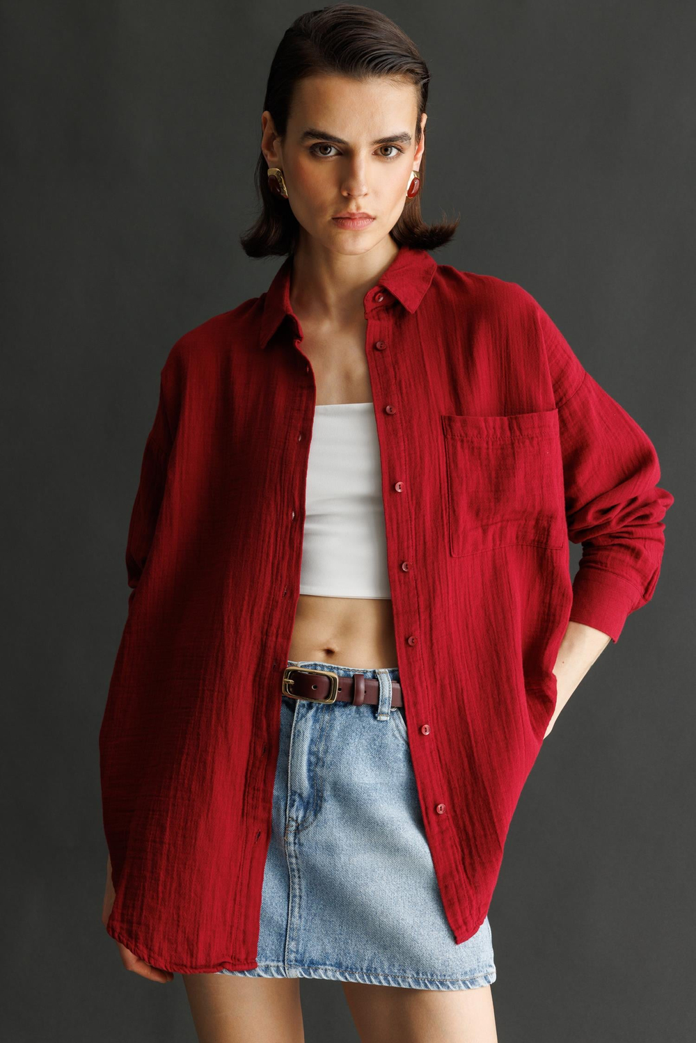 3833 Kadın Oversize Cepli Müslin Gömlek Bordo