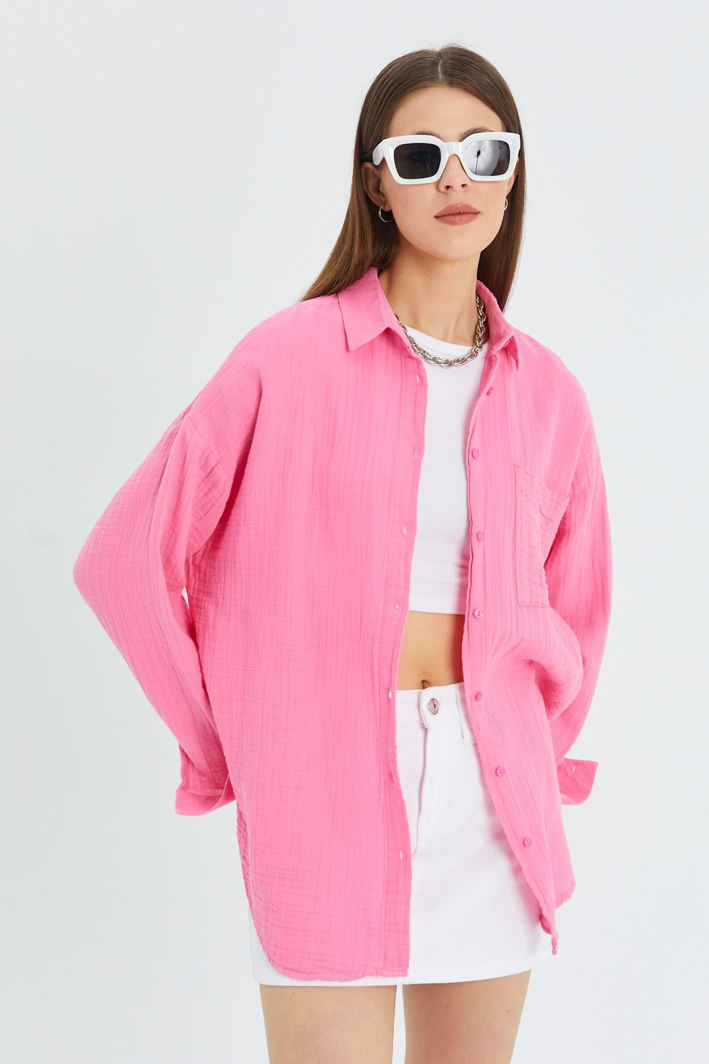 3833 Kadın Oversize Cepli Müslin Gömlek Pembe