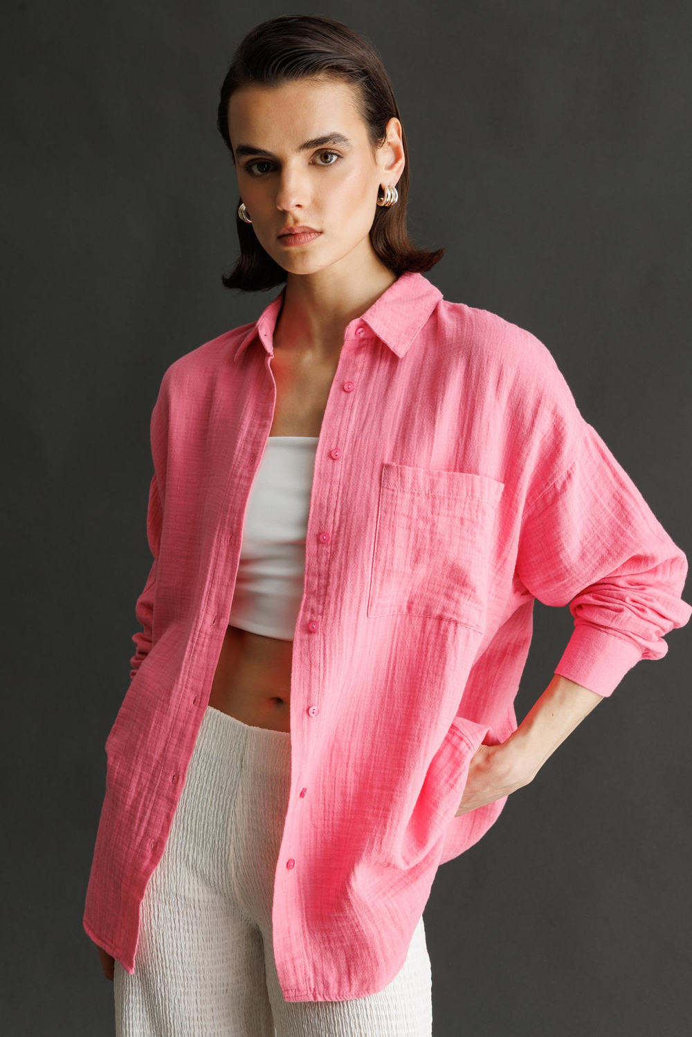 3833 Kadın Oversize Cepli Müslin Gömlek Pembe